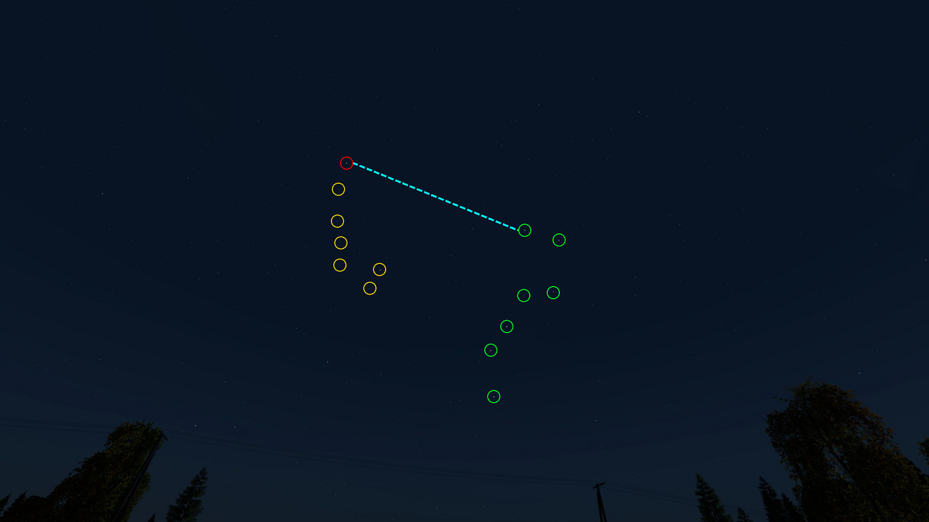 A diagram of the process explained above - marked as follows: Polaris (red), Ursa Major (green), Ursa Minor (yellow), guideline to find Polaris from Ursa Major (dashed cyan).