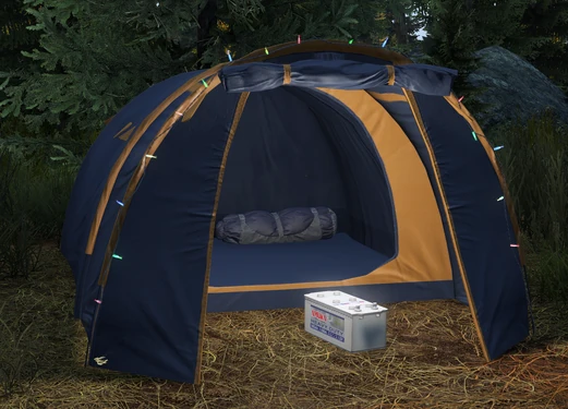 A Truck Battery attached to Xmas Lights on a Medium Tent.