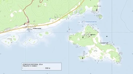 From the in-game map - notice how Скалистый (Skalisty) is in the same font style as Камышово (Kamyshovo) that designates a settlement, and not the font used for islands such as Отмель (Otmel).