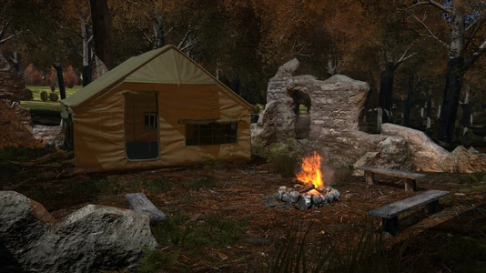 A Large Tent pitched at a player-made camp.