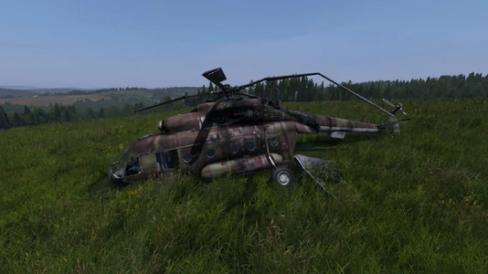 The Russian MI-8, resting in a field.