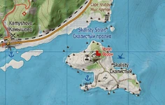 From the hiking map - notice again how "Skalisty" and "Kamyshovo" are in the same font that, according to the map legend, designates a settlement - the fact that on both maps it is designated as a settlement suggests that it was not a one-off mistake by the developers.