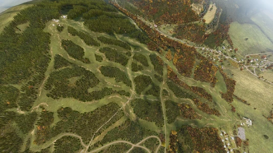 Overhead view of ski slopes.