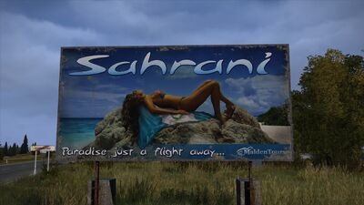 Tourist advertisement for Sharani island. The female depicted in the frame is laying on top the flag of Sharani, an in-game item for DayZ Reference to the Island of Sharani in ARMA: Armed Assault