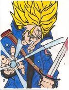 Majin Trunks in his alternate clothing with a sword.