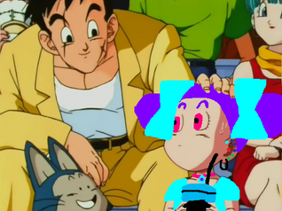 Bulma smiles as yamcha is comforting to yelena