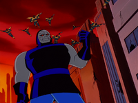 Darkseid delivers a speech to the people of Earth.