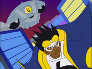 A black teenage superhero, Static, being pursued by a large flying machine.