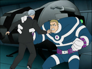A white teenage boy who has mutated to be huge and hulking grabbing his middle-aged father.