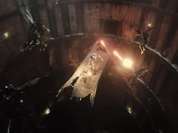 The Justice League confronts Steppenwolf under .