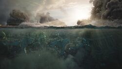 Atlantis sinks into the ocean.