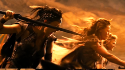 Menalippe, Hippolyta and Antiope fight against Steppenwolf's hordes