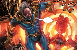 Doctor Fate is pushed by a shock wave from the demon.