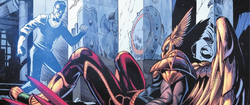 Hawkman falls to the ground and suffers from Craddock's threats