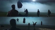 The  as depicted in the   finale "" (top) and the Justice Gang, alongside Superman and Supergirl, in the pre-episode recap of the Peacemaker season two premiere "The Ties That Grind" (bottom).
