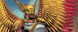 Hawkman descends from the sky to meet Maxine Hunkel