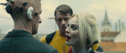 Harley Quinn threatens  to cover his mouth.