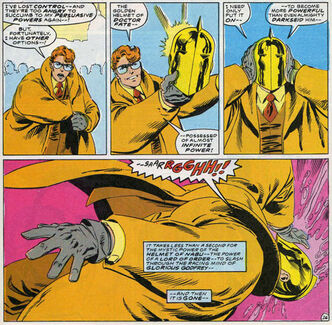 Glorioso Godfrey rouba o Elmo de Nabu, mas como tem uma Motivação vilanesca e inapropriada resistencia Mental, foi atacado por Nabu.