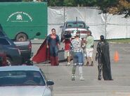 Henry Cavill (Superman) and Antje Traue (Faora) on set.