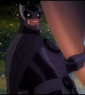 Owlman an evil counterpart of Batman from an alternate earth, voiced by James Woods in Justice League: Crisis on Two Earths.