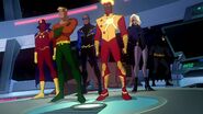 Red Tornado, Aquaman, Black Lightning, Firestorm and Black Canary arrive to help Batman.