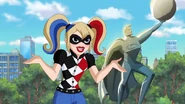 Harley Quinn voiced by Tara Strong in the DC Super Hero Girls original universe.