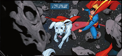 Superman plays fetch with Krypto in space
