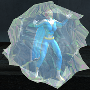 A player frozen by a blue barrel.