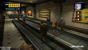 Zombies, standing still, do not move on a moving escalator.