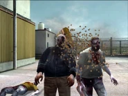 Zombies hit with dog food on the rooftop.