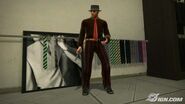 Frank in Black and Brown Checkered Dress Shirt, Black Tie, and Striped Pants with a Fedora (hat). (This is the outfit the Youtuber Phantom Savage wore throughout his playthough of the game)