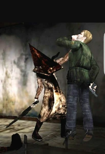 Pyramid Head as he appears in Silent Hill 2, with tongue