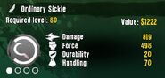 The stats of a level 60 white 'common' rarity ordinary Sickle