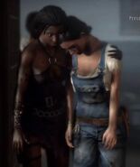 Jin, helped by Purna, is escorted back to the truck after her imprisonment by bandits