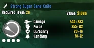 The stats of a full upgraded, level 28 blue 'rare' rarity Cane Knife