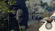 The second, smaller waterfall. Note the cave to the right where a metal chest is located