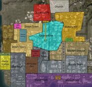 A colour coded and labelled map of Moresby showing the rough area covered by each district/area