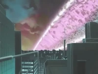 A long-distance view of Nanoha's "Starlight Breaker" attack.