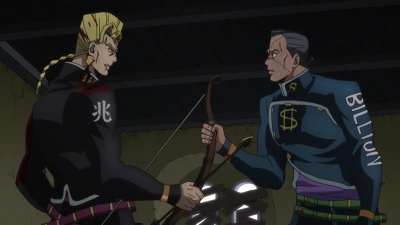 Okuyasu and Keicho fight over the arrow