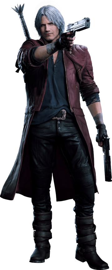 Dante, a warrior from devil may cry 5, striking a pose in front of a  crimson background