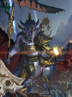 Kroq-Gar brandishes the Hand of Gods and the Spear of Tlanxla