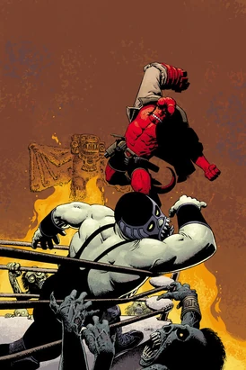 Hellboy fighting a vampire luchador in a wrestling match