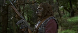 The gorilla general Aldo in the woods with a Thompson.