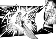 Kazumasa throwing a knife at Ganta before falling