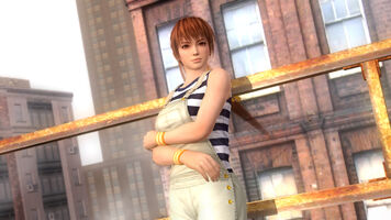 Casual costume for Kasumi consisting of white overalls over a sleeveless black and white striped shirt, and yellow wristbands.