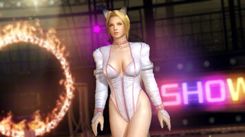 A white cat costume for Helena consisting of a zip-up leotard with jacket sleeves, pink hems and a faux-fur tail, high-heel boots, a pink collar and cat ears.