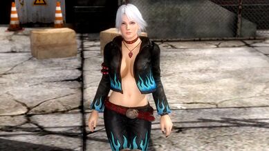 A costume for Christie consisting of a black leather open jacket and pants with blue flame detailing (no undershirt), jaw-shaped leg guards, red-and-black boots, and red belt and jewelry.