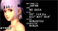 Ayane's data on the Dead or Alive Playstation character selection screen