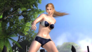 The "Ametrine" for Sarah Bryant: Navy blue and white bandeau bikini with boyshorts. (Originally Christie's)