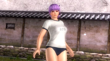 A gym kit for Ayane consisting of a white t-shirt with dark blue hems, dark blue short-shorts, gym socks and running shoes. Her name is written in Japanese on the name tag across her chest.